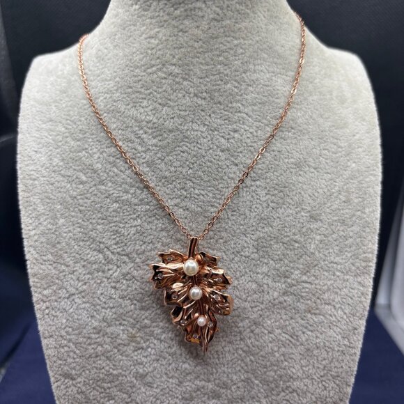 Fragrant Jewels Rose Gold Plated Pendant Brooch Necklace Faux Pearls & Crystals - Picture 1 of 8